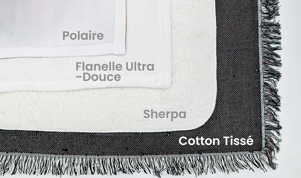 Couverture personnalisée: polaire, flanelle douce, sherpa et coton tissé, détails des matériaux et finitions.