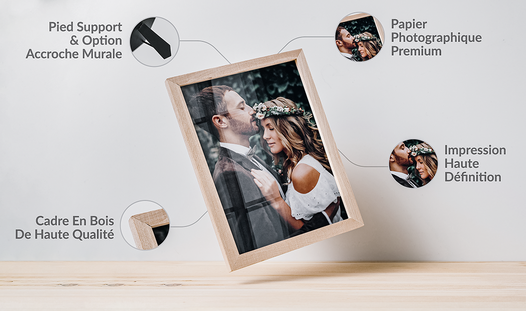 Cadre photo personnalisé en bois, avec impression haute définition sur papier premium, et option de support ou accroche murale.